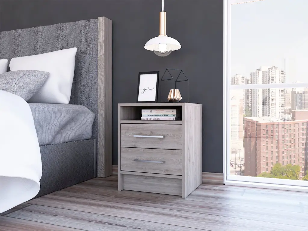 Rowley 2 Drawer 1 Shelf Rectangle Nightstand Light Grey Modern Bedside Table furniture max