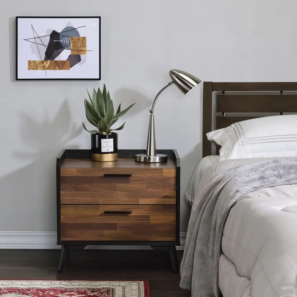 Walnut and Black Nightstand Metal Sled Base and 2 Drawers furniture max