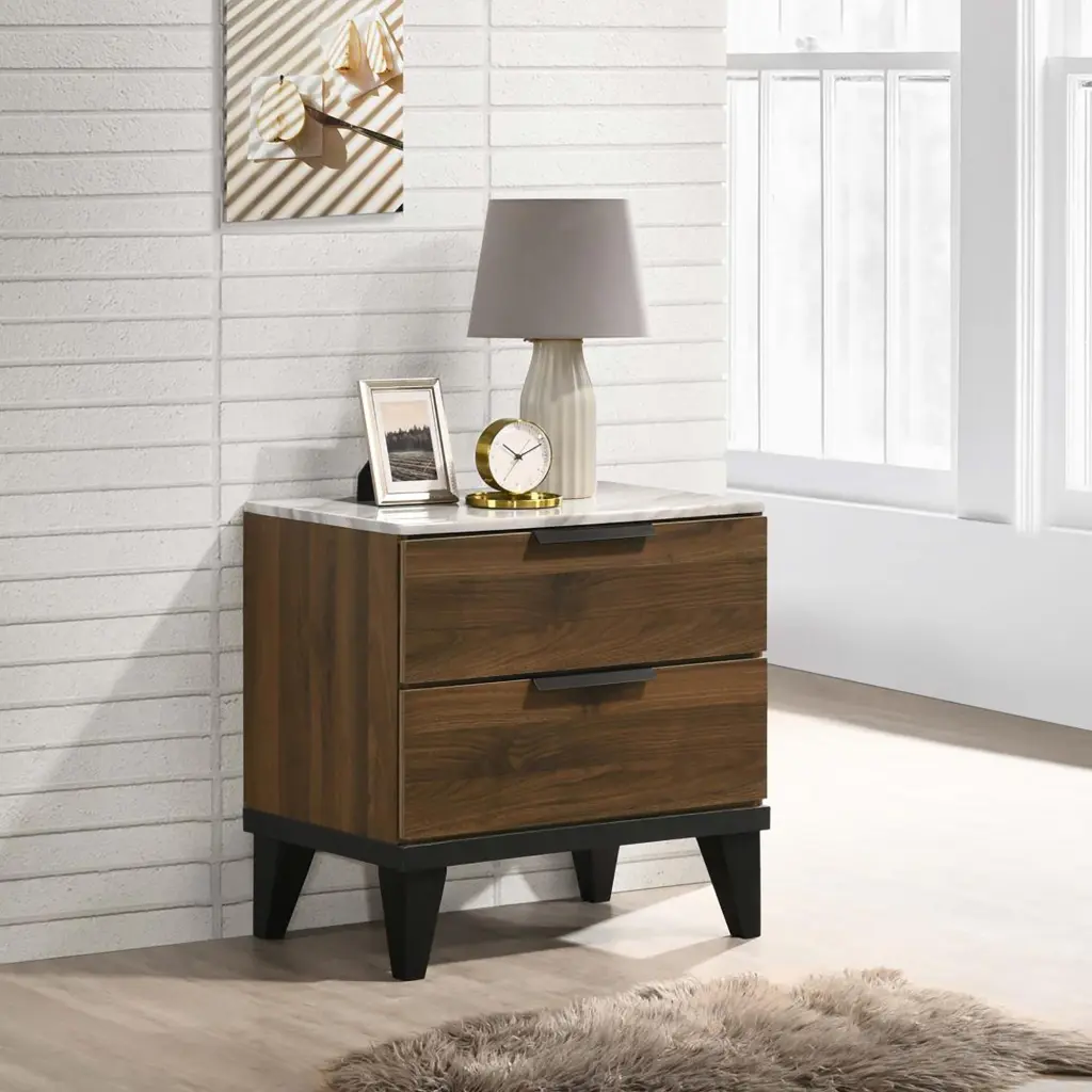 Walnut Brown 2 Drawer Nightstand Faux Marble Top furniture max