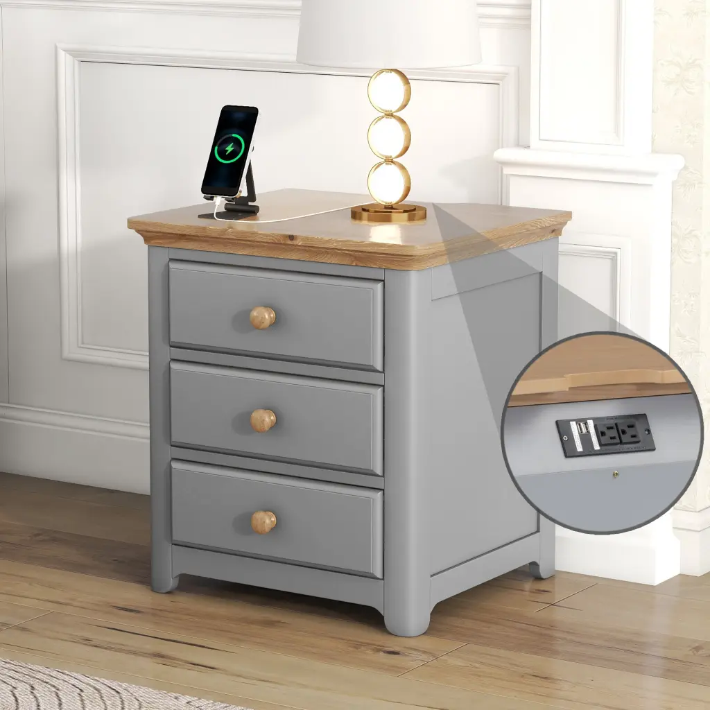 Wooden Nightstand USB Charging Ports And Three Drawers End Table Bedroom homey life