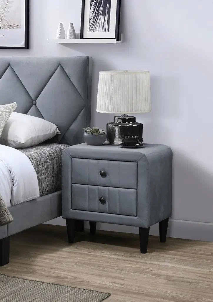 Grey Velvet Nightstand Bedside Table 2 Drawers Modern Bedroom Furniture kanepe