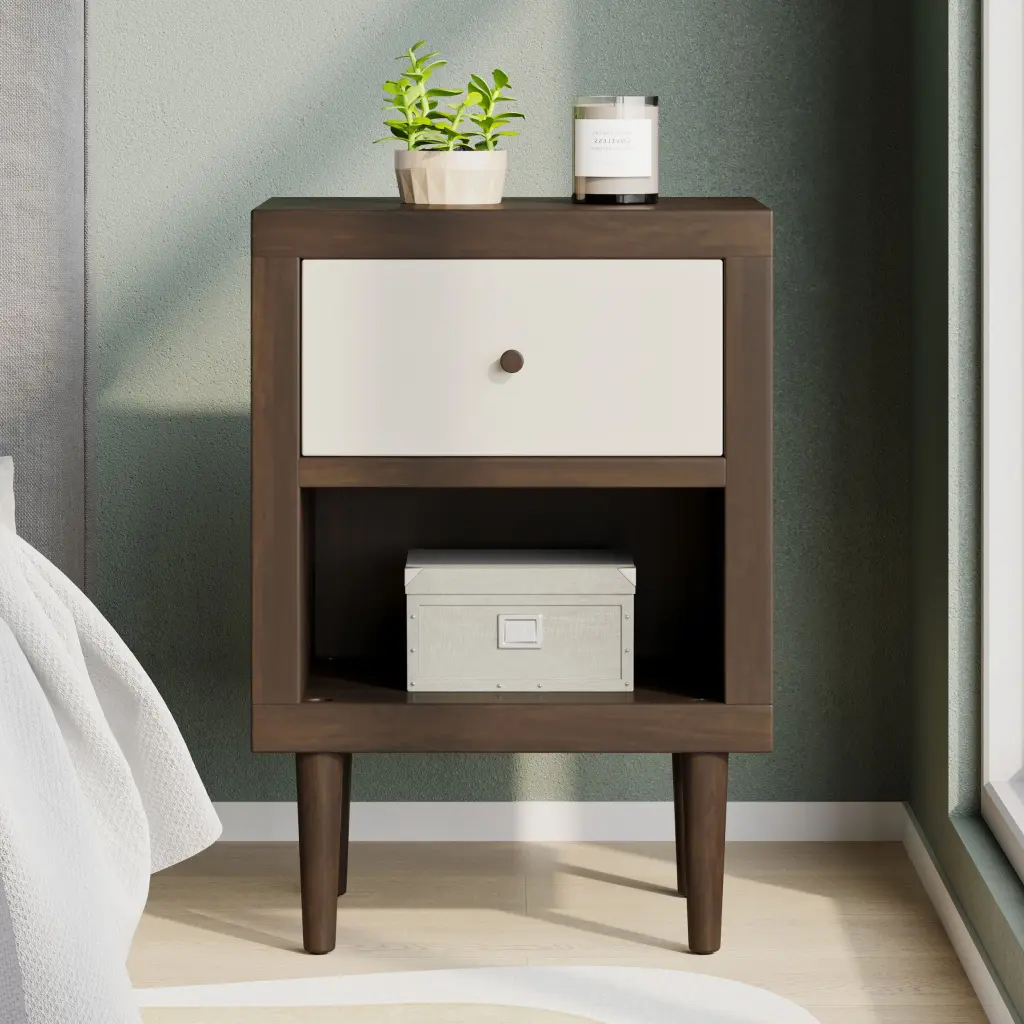 1 Drawer Nightstand Walnut MDF Compact Bedside Table nh-sunfay