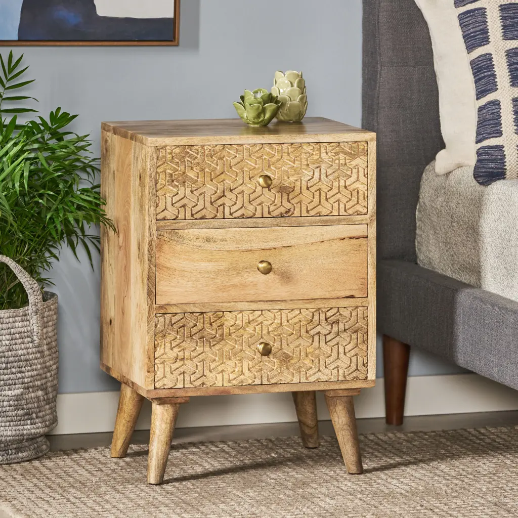 3 Drawer Bedside Table Natural Wood Finish nh-teakstar