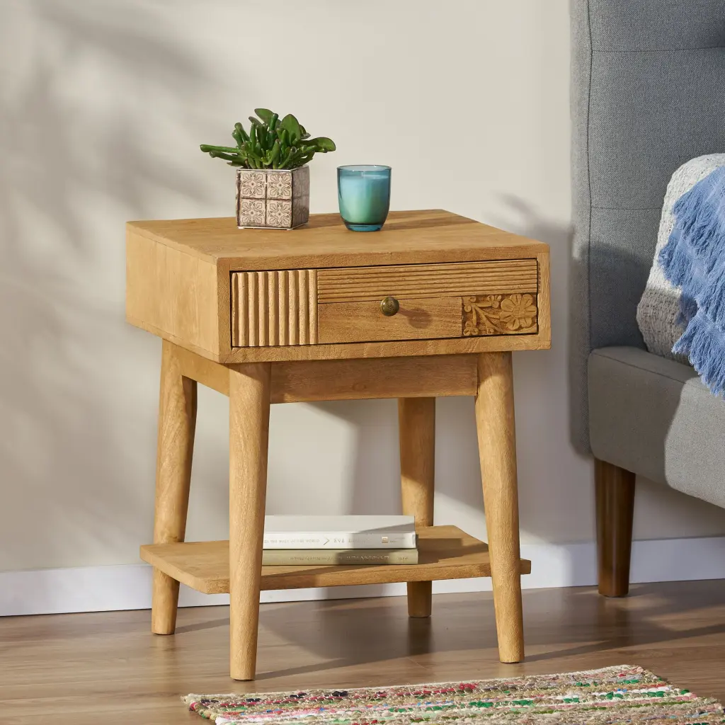 Nightstand Natural Wood Bedside Table Drawer Modern Bedroom Furniture nh-teakstar
