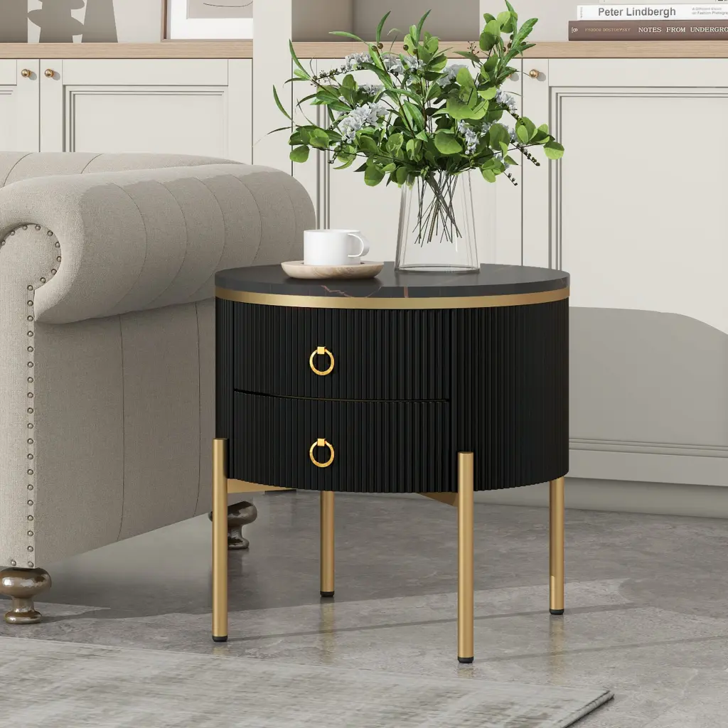 19.6 Inch Easy Assembly Round End Table Storage Drawers Fluted Nightstand rnb