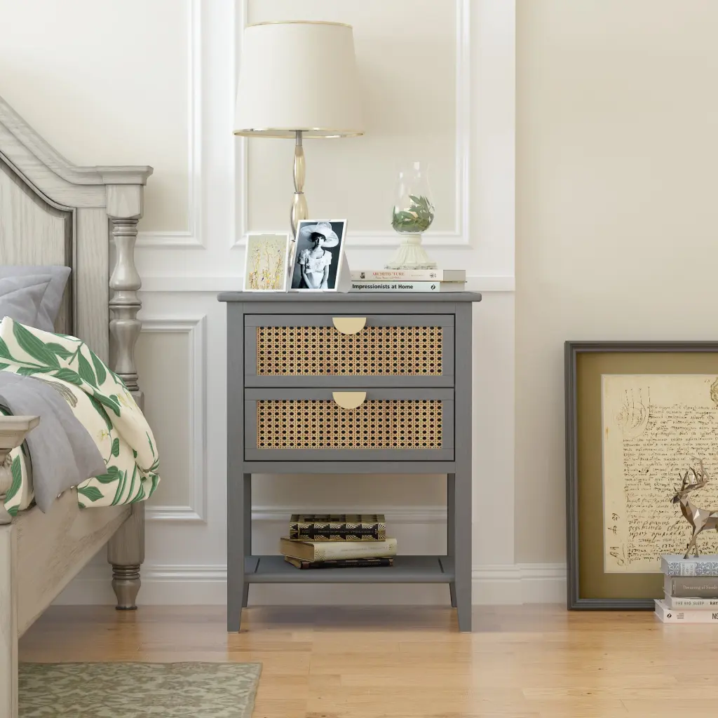 2 Drawer Side Table Natural Rattan End Table Bedroom Living Room rnb