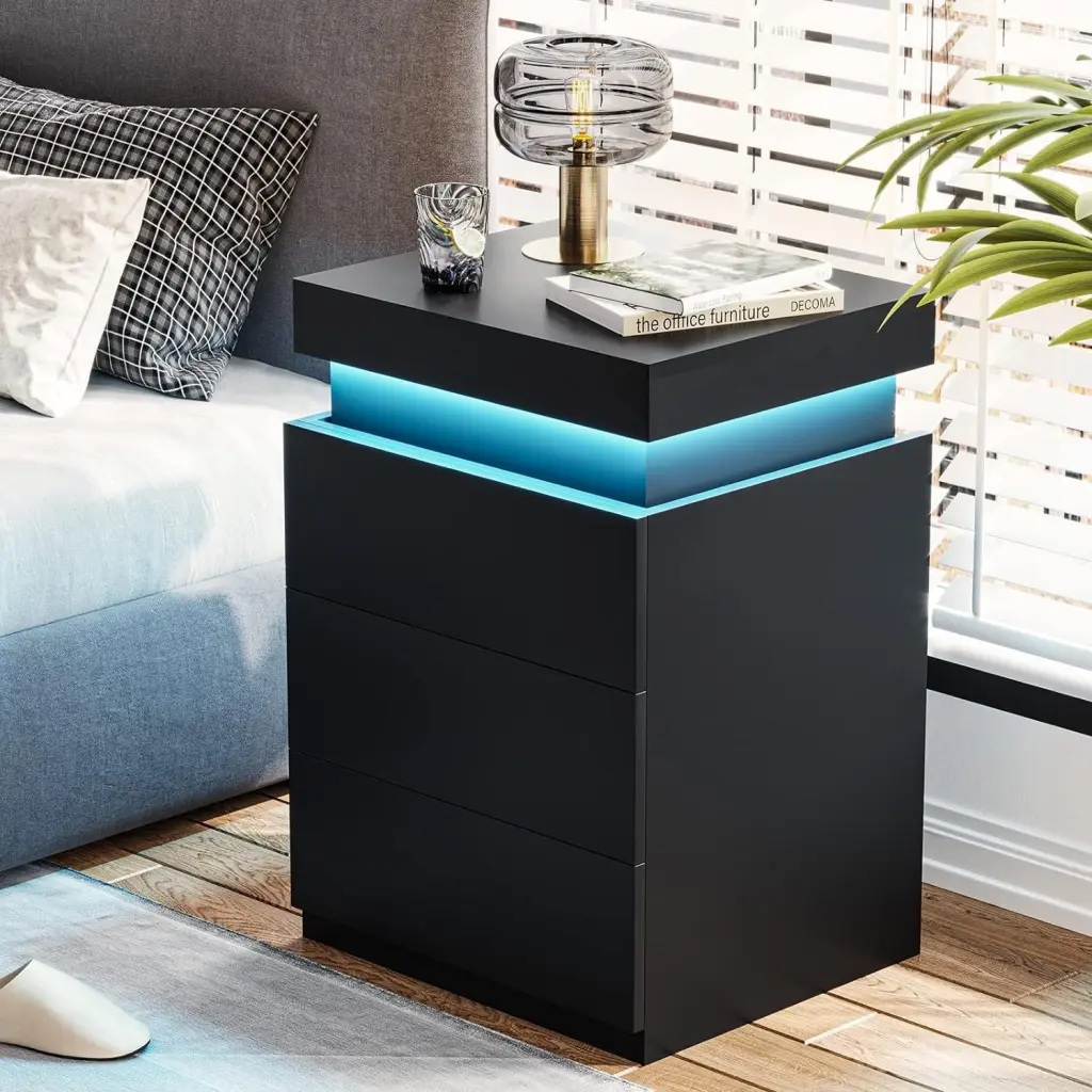 Modern Multi Color LED Black Nightstand Bedside Table rnb