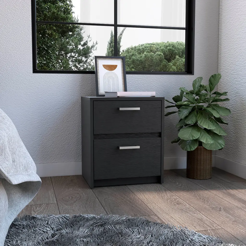 Black Nightstand 2 Drawers and Metal Handles - 18 Inch Bedside Table rta mubles colombia