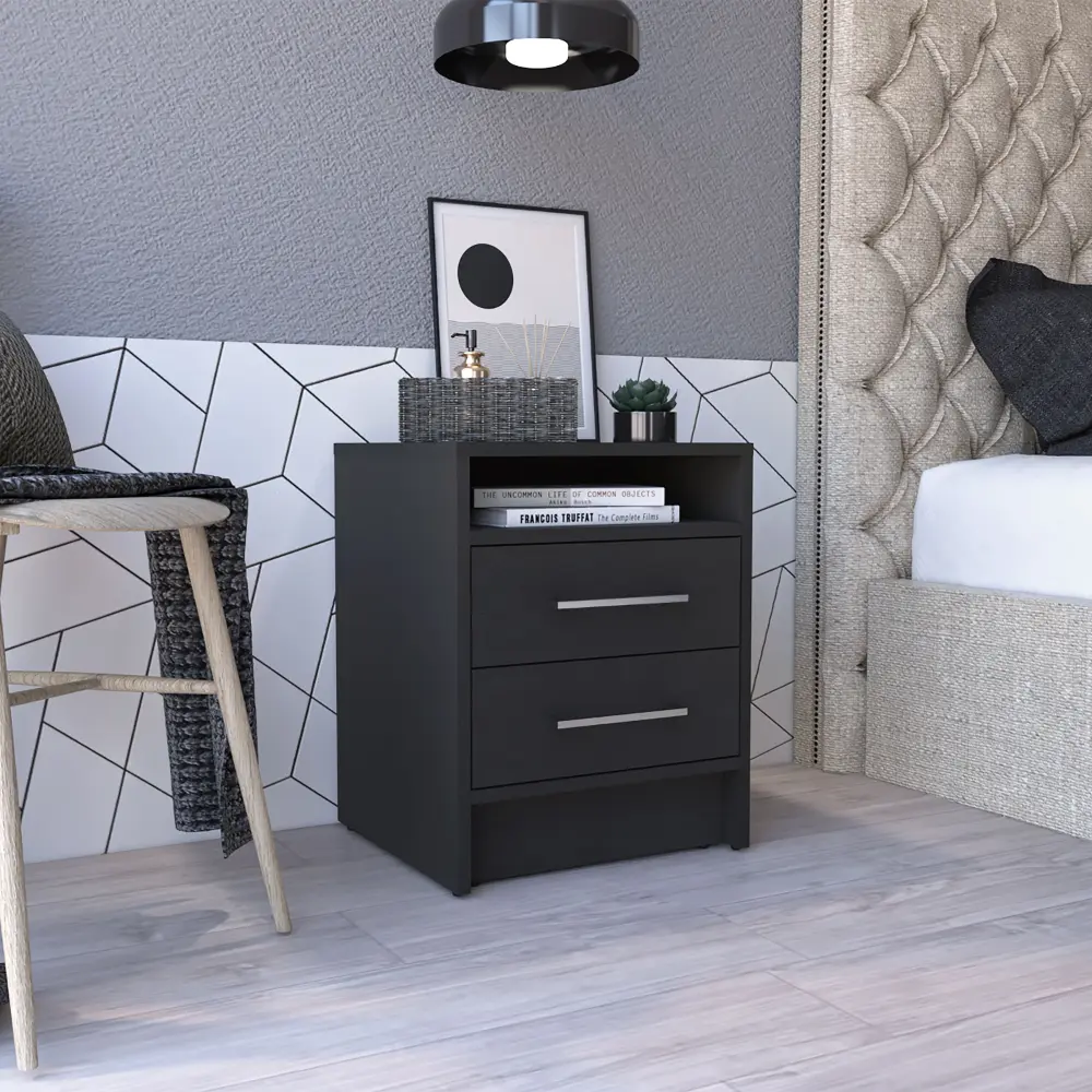 20 Inch Black Nightstand Two Drawers Metal Handles Bedside Table rta mubles colombia
