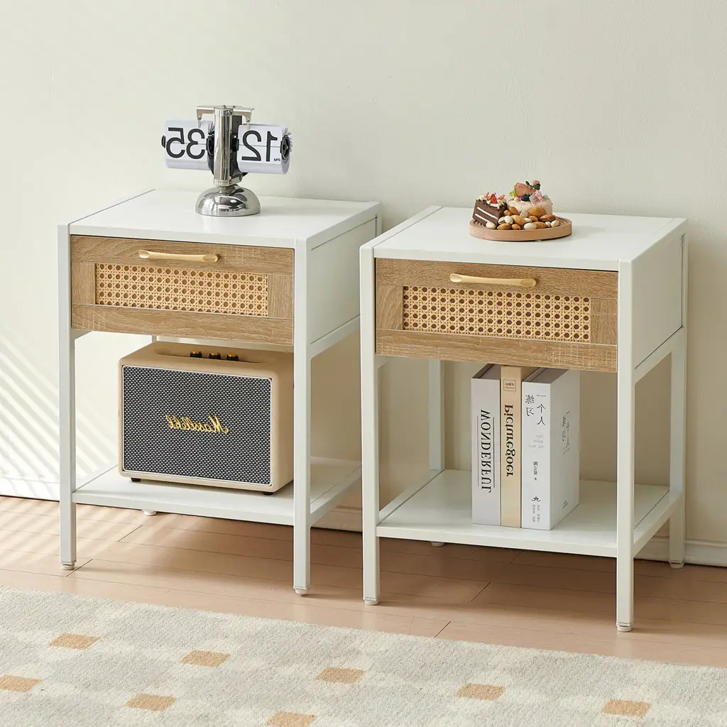 Set 2 15.74 Inch Rattan End Table Drawer Modern Nightstand Metal Frame sya furniture