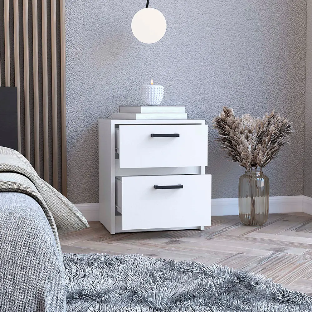 Chequered Nightstand Two Drawers White Finish and Particle Board treevol furniture