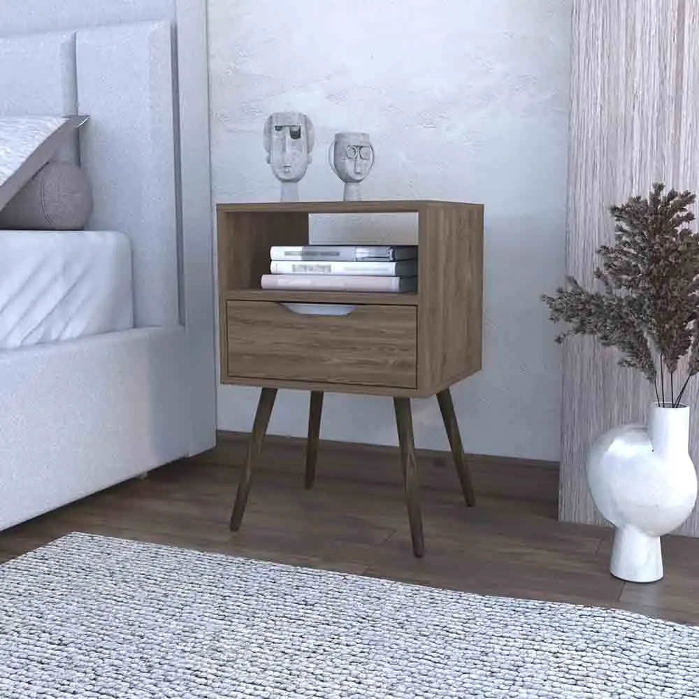 Nightstand Fugaz Open Shelf Single Drawer Dark Walnut Finish treevol furniture