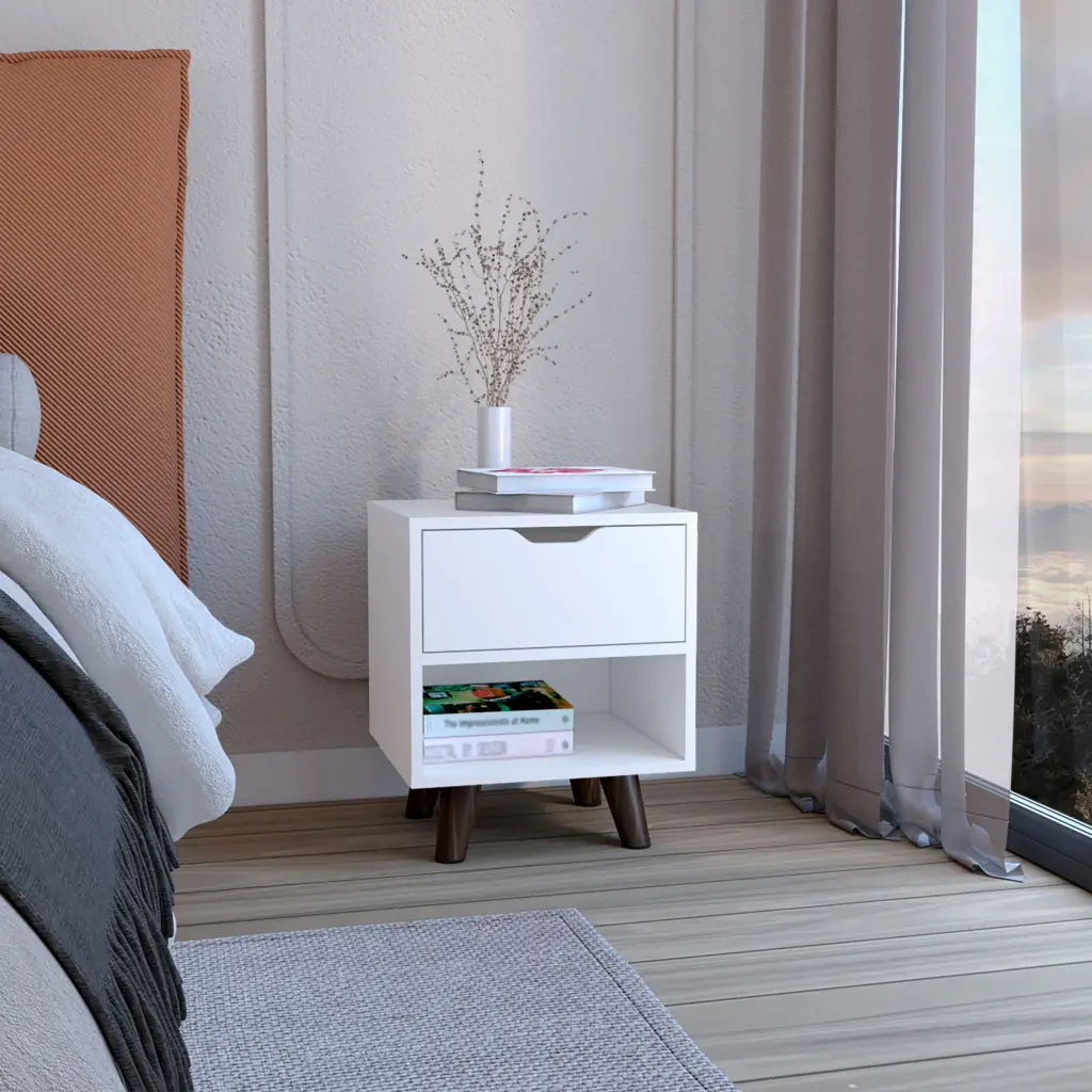 Crail Nightstand 1 Open Storage Shelf 1 Drawer And Wooden Legs White Bedroom Furniture tuhome