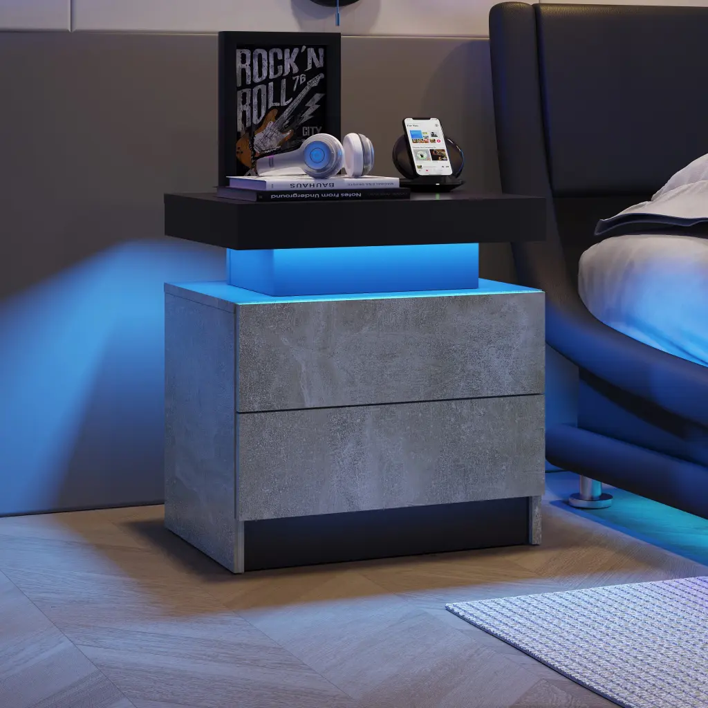 Nightstand LED Bedside Table Cabinet 2 Drawers Modern End Side Table Bedroom w2371