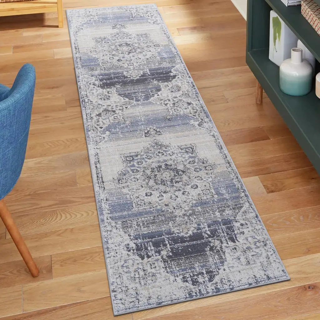 2x8 Cream Blue Medallion Non Shedding Rug Living Room Bedroom or Dining Home naar rug