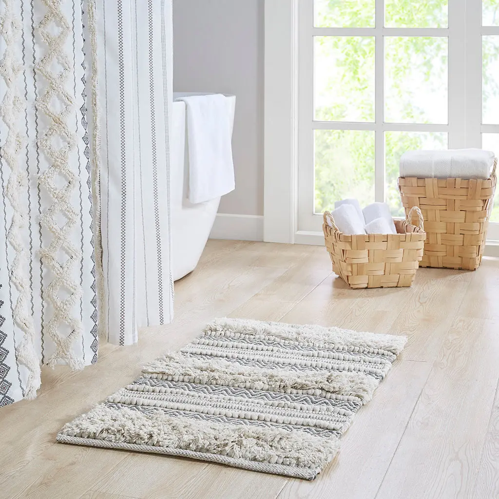 Woven Texture Stripe Bath Rug Grey Polyester Non-Slip jla