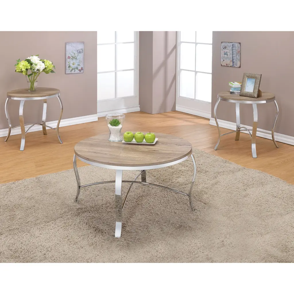Weathered Light Oak and Chrome 3 Piece Occasional Set Oak Silver Finish furniture max