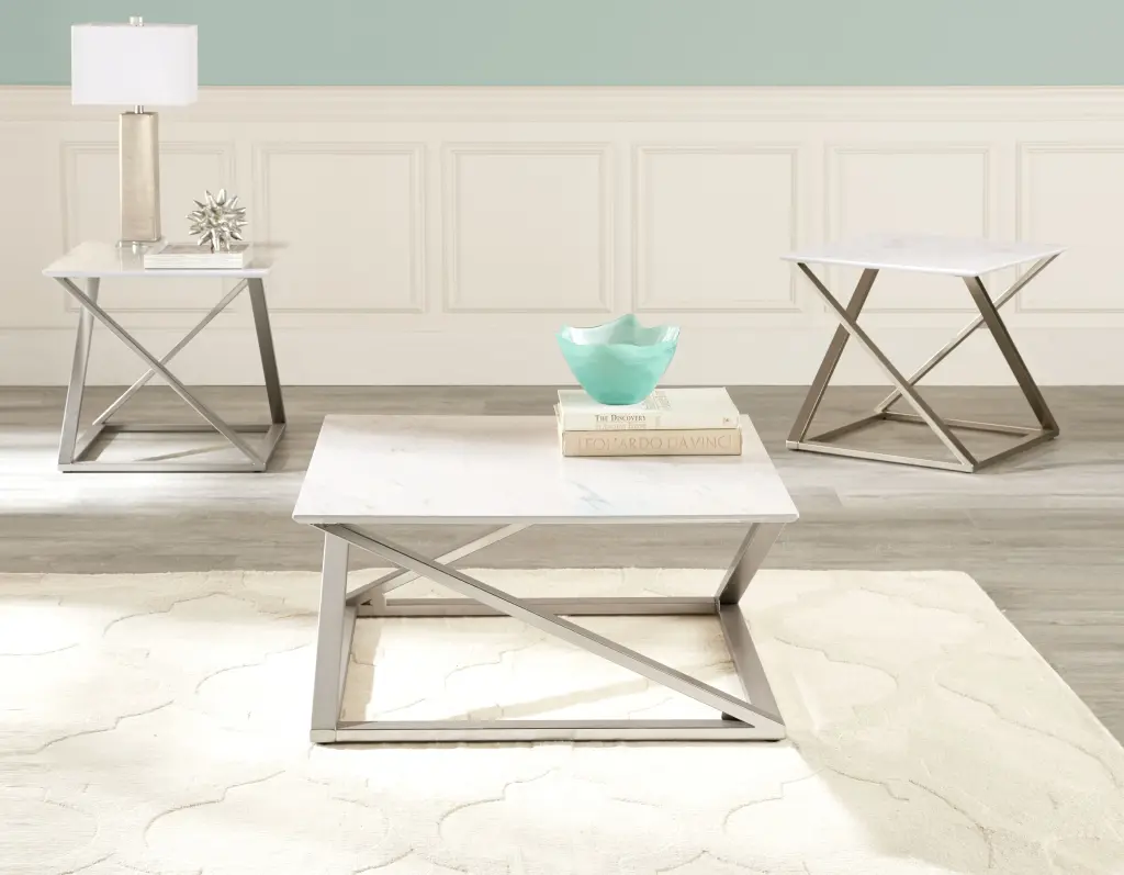 Zurich 3 Piece Occasional Table Set White Wood Living Room Side Tables steve silver furniture
