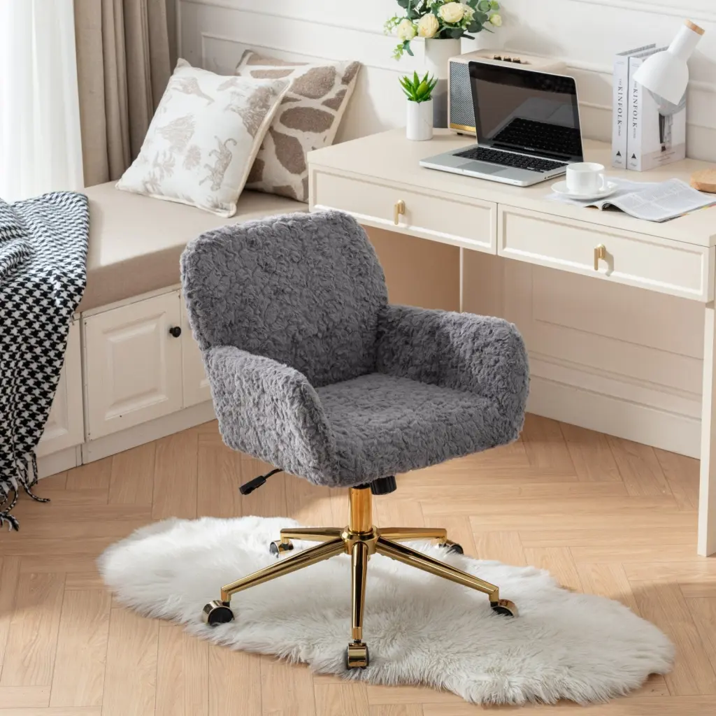 Artificial Rabbit Hair Home Office Chair Golden Metal Base a-a furniture