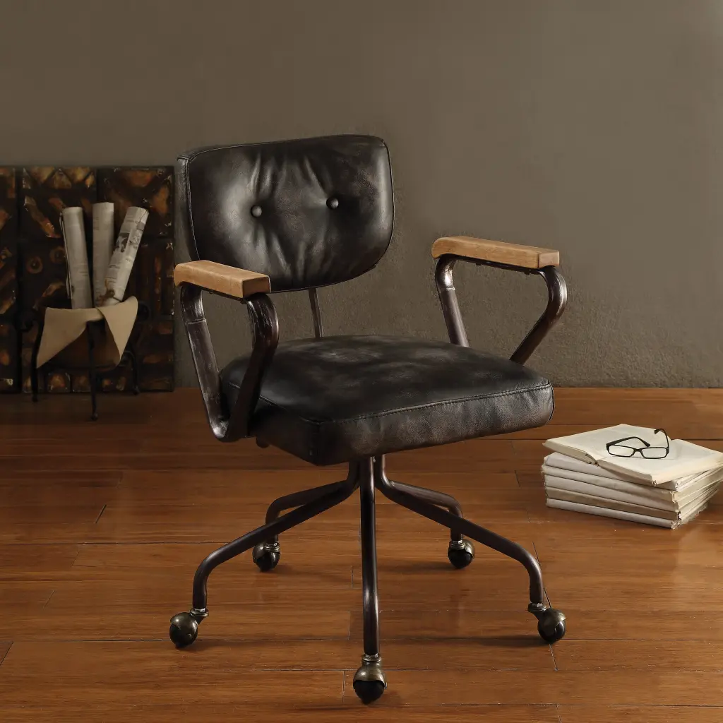 Vintage Black Swivel Office Chair Trim Solid Black Foam Seat furniture max