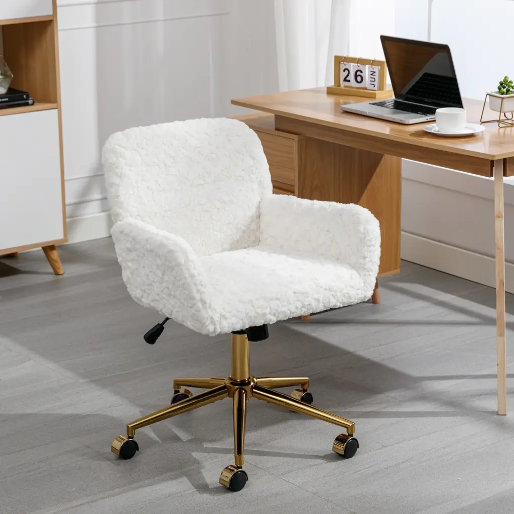 Artificial Rabbit Hair Home Office Chair Golden Metal Base rnb