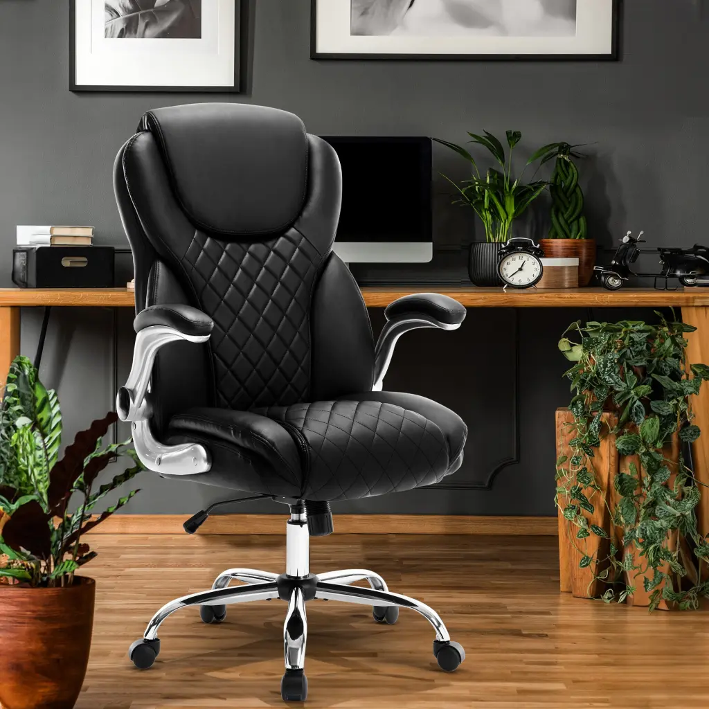Ergonomic Office Chair Flip Up Armrests And Wheels Leather Rocking t2586