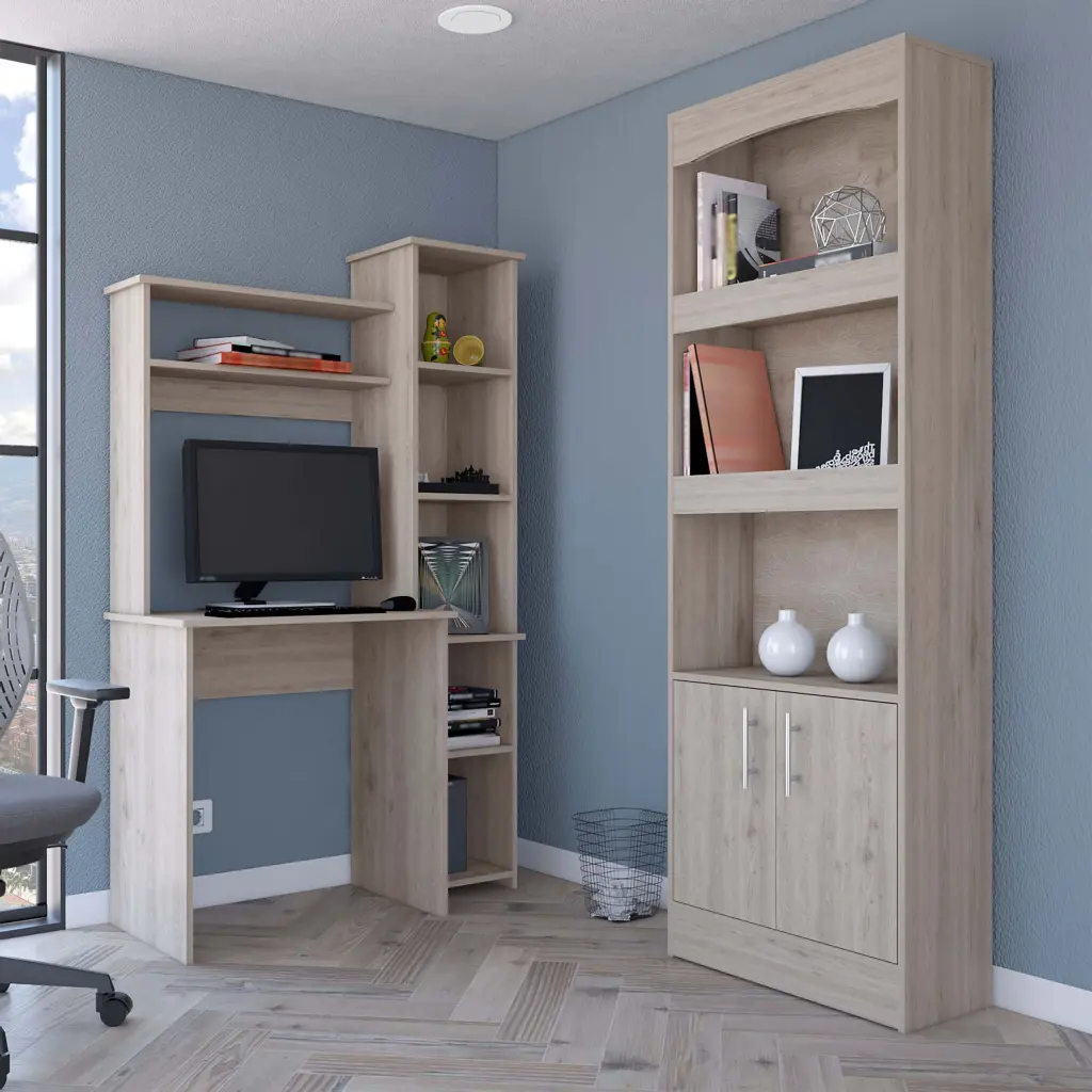 2 Piece Office Set Dozza Bookcase and Aramis Desk Light Gray Modern Workspace depot e-shop