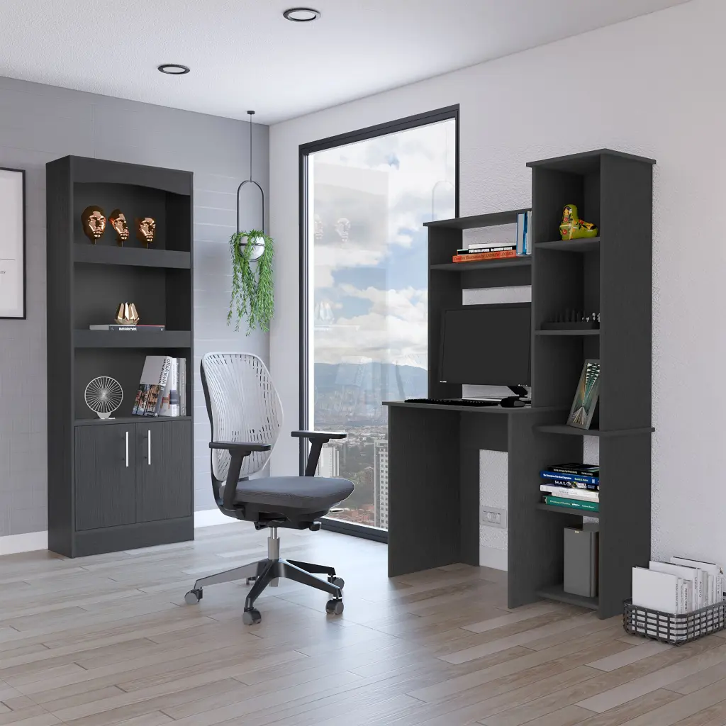 2 Piece Office Set Dozza Bookcase Aramis Desk Black Particle Board Workstation depot e-shop