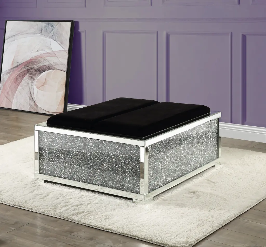 Noralie Ottoman Storage Mirrored Faux Diamonds Silver Glass Ac00531 acme onsite store