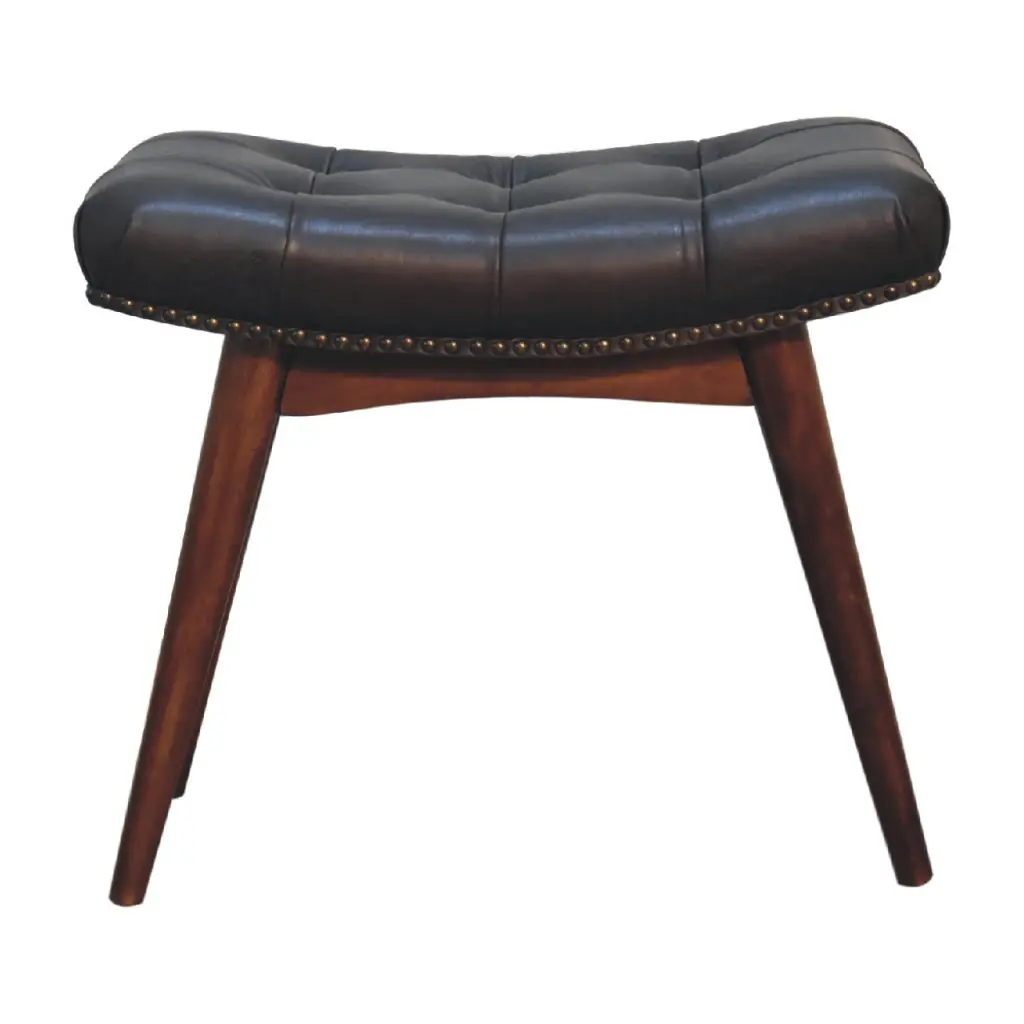 Harbour Black Footstool Chestnut Leather and Wood - Stylish Ottoman Living Room artisan furniture