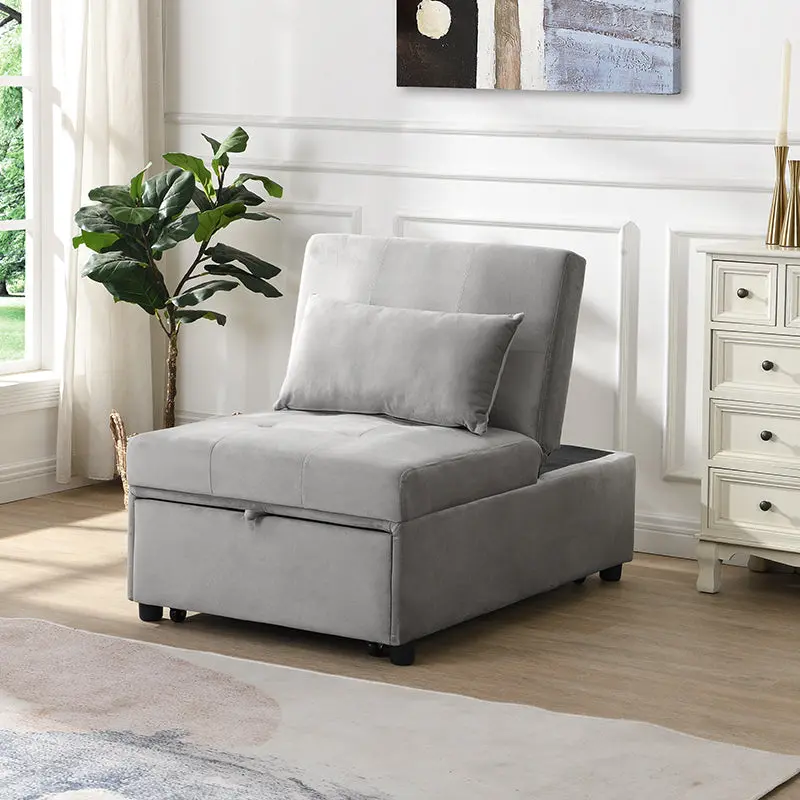Folding Ottoman Sofa Bed Gray Grey Velvet Convertible Guest Bed Storage beds - sofas