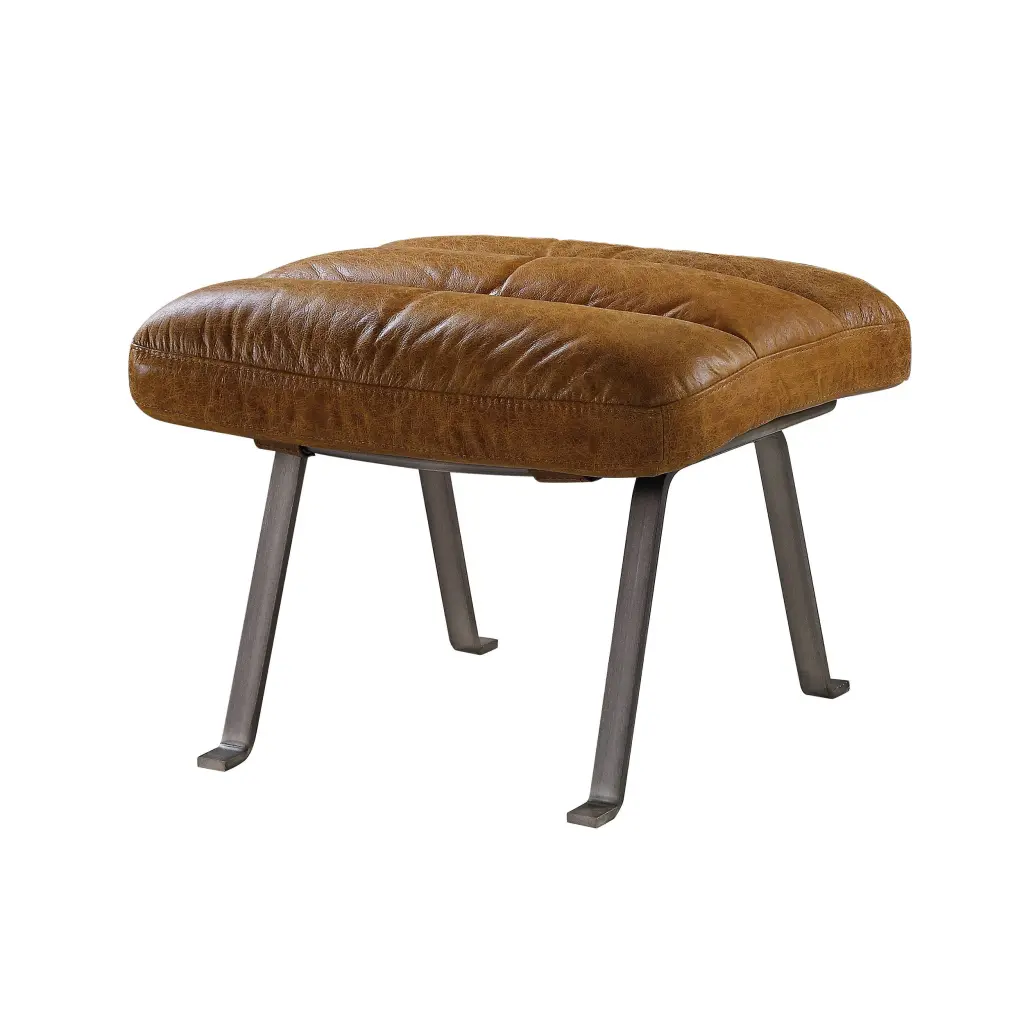 Toffee Tufted Ottoman Brown Authentic Leather Metal Base Living Room Footrest furniture max