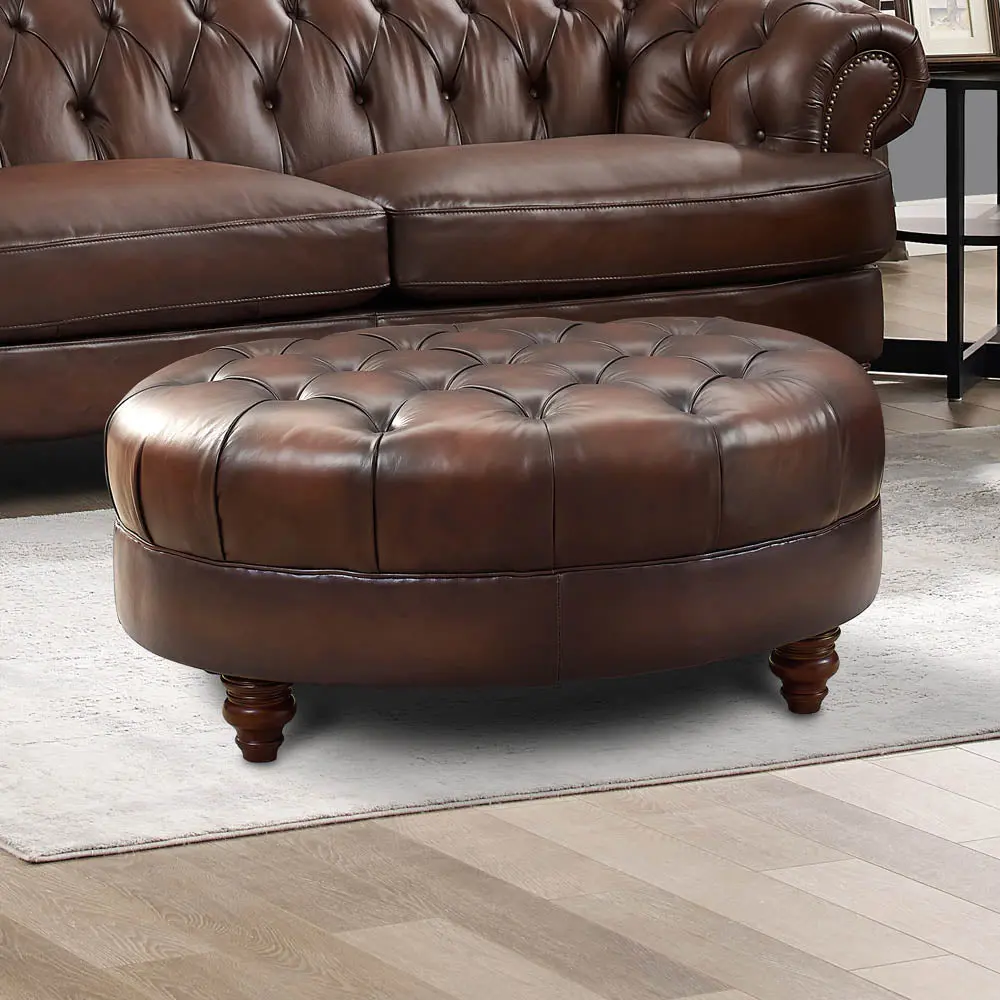 Newport Leather Ottoman Wood Primary Living Space Solid Brown Eucalyptus Footstool hydeline furniture