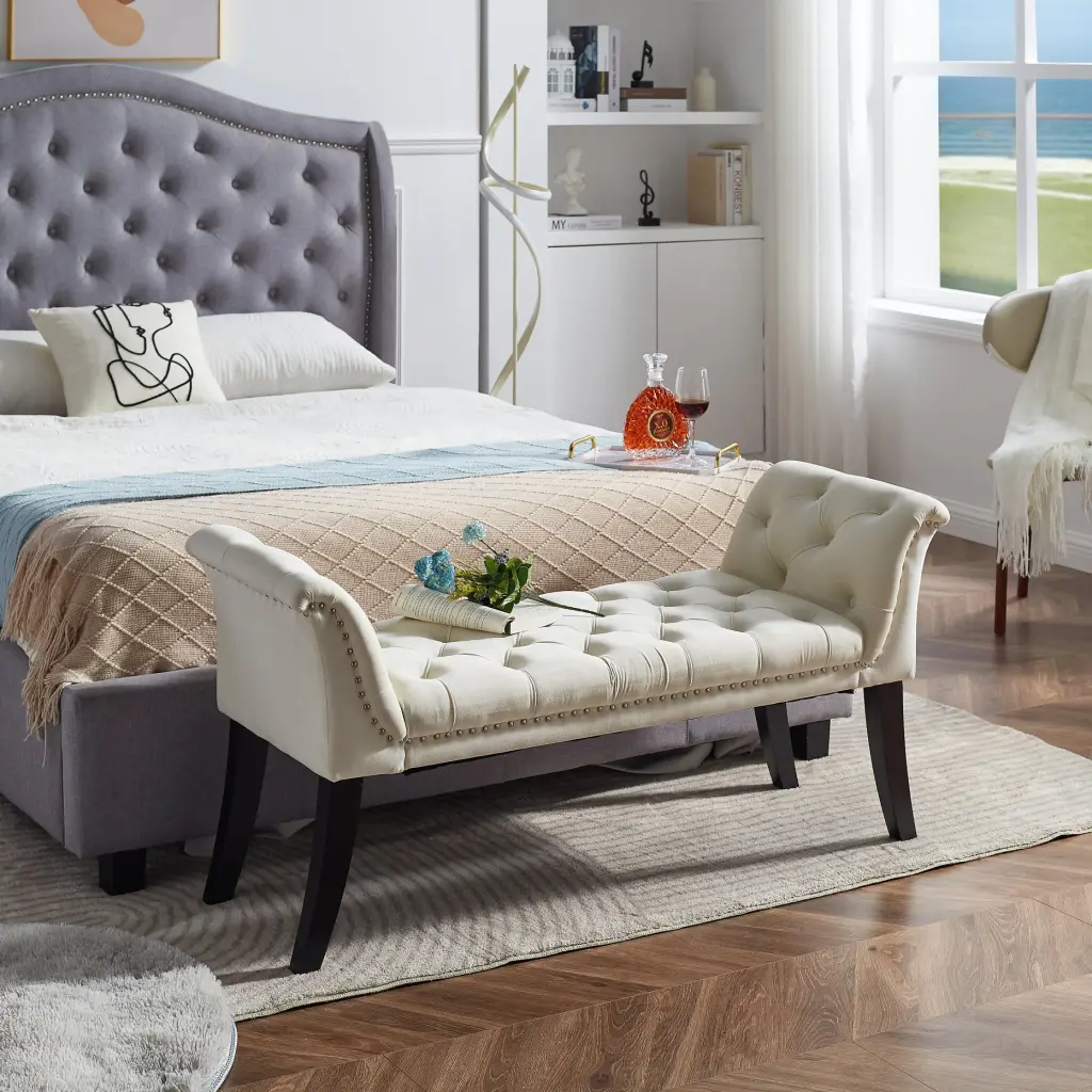 Armrest Button Tufted Ottoman Bench Upholstered Footrest Stool Rectangle Shape modernben furniture