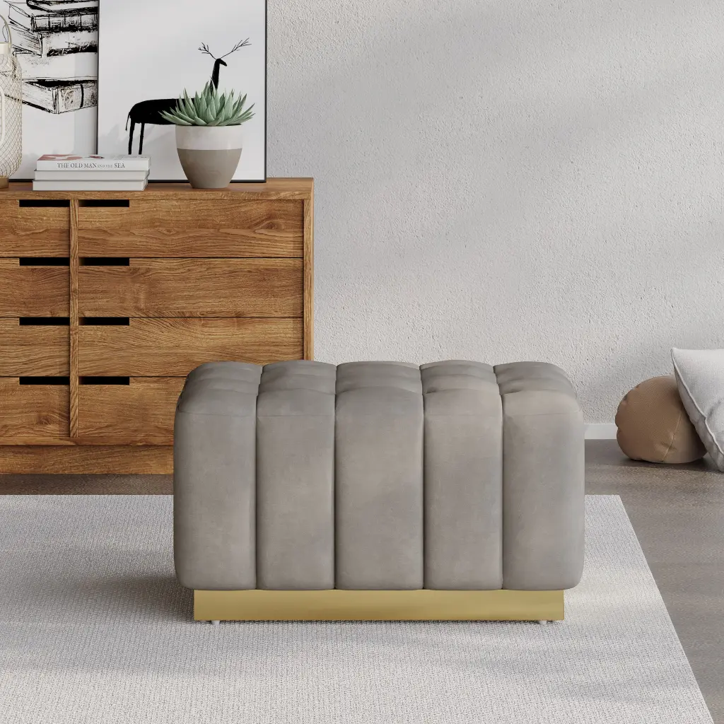 Grey Velvet Ottoman Footrest Sturdy Frame Living Room nh-cloudhouse