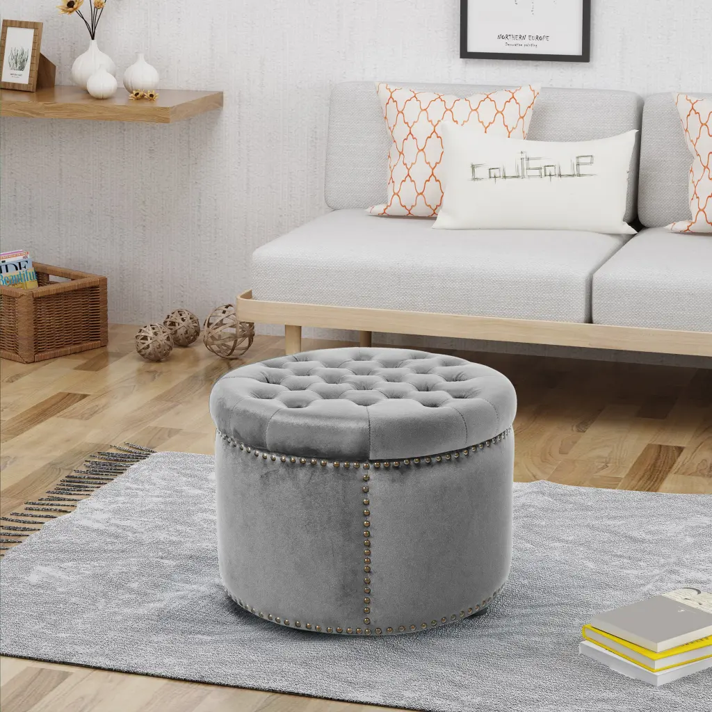 Grey Velvet Ottoman Footstool Living Room Furniture nh-cloudhouse