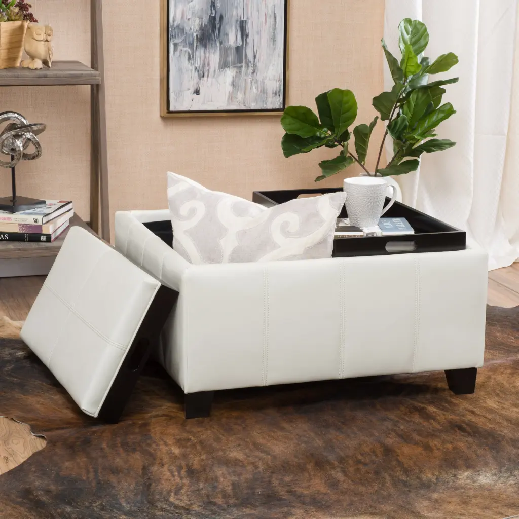 Mansfield Ottoman Ivory Pu Living Room Footrest Storage Bench nh-perfect home