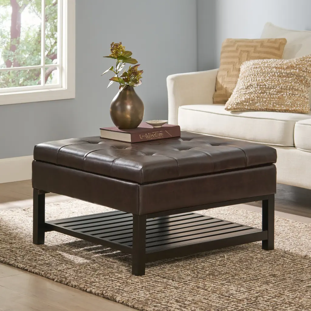 Brown PU Square Ottoman Storage and Bottom Rack Multi-Functional Footstool nh-sunfay