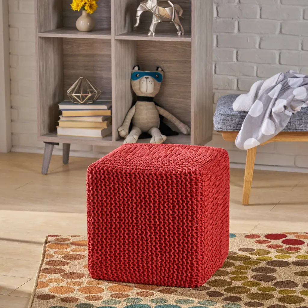Knitted Foot Stool Red Cotton Comfortable Living Room Ottoman nh-sunfay