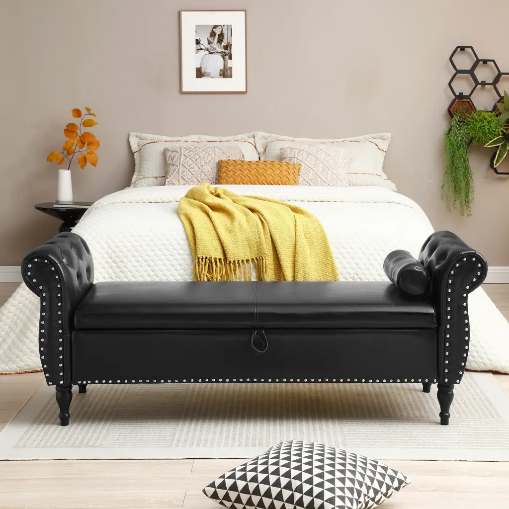 63 Inch PU Upholstered End Bed Bench Flip Top Entryway Ottoman Storage aijiafurniture