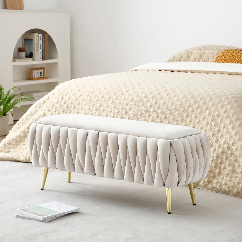 Oval Storage Bench Gold Legs Velvet Fabric Upholstered Ottoman aijiafurniture