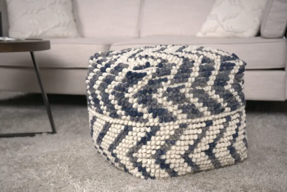 Alina Wool And Cotton Pouf Natural Blue Handmade Footstool Ottoman bazar