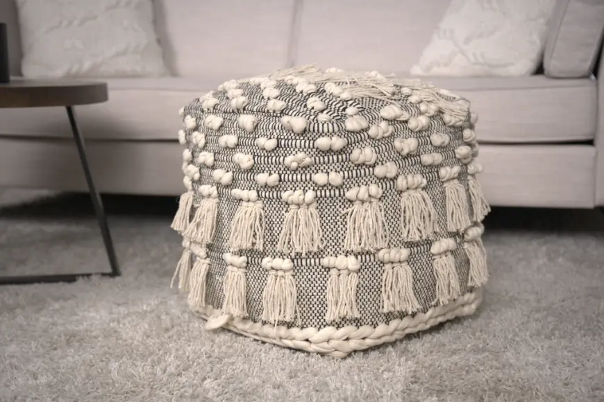 Angelic Artisan-made Fabric Pouf Tassels Ivory Footstool Ottoman bazar