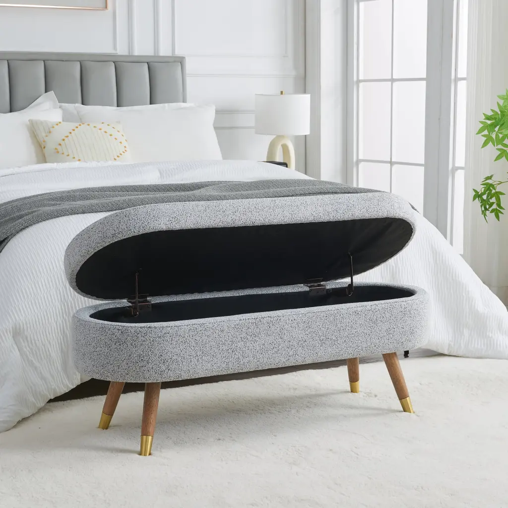 Storage Bench Upholstered Boucle Ottoman Golden Metal Legs dy-furniture