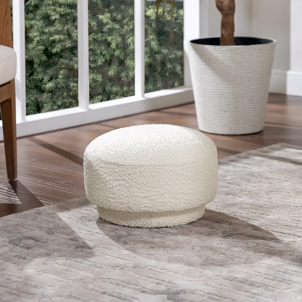 Fuji 15 Inch Mushroom Footstool Ottoman Ivory White Boucle Foam Pouf jennifer taylor home