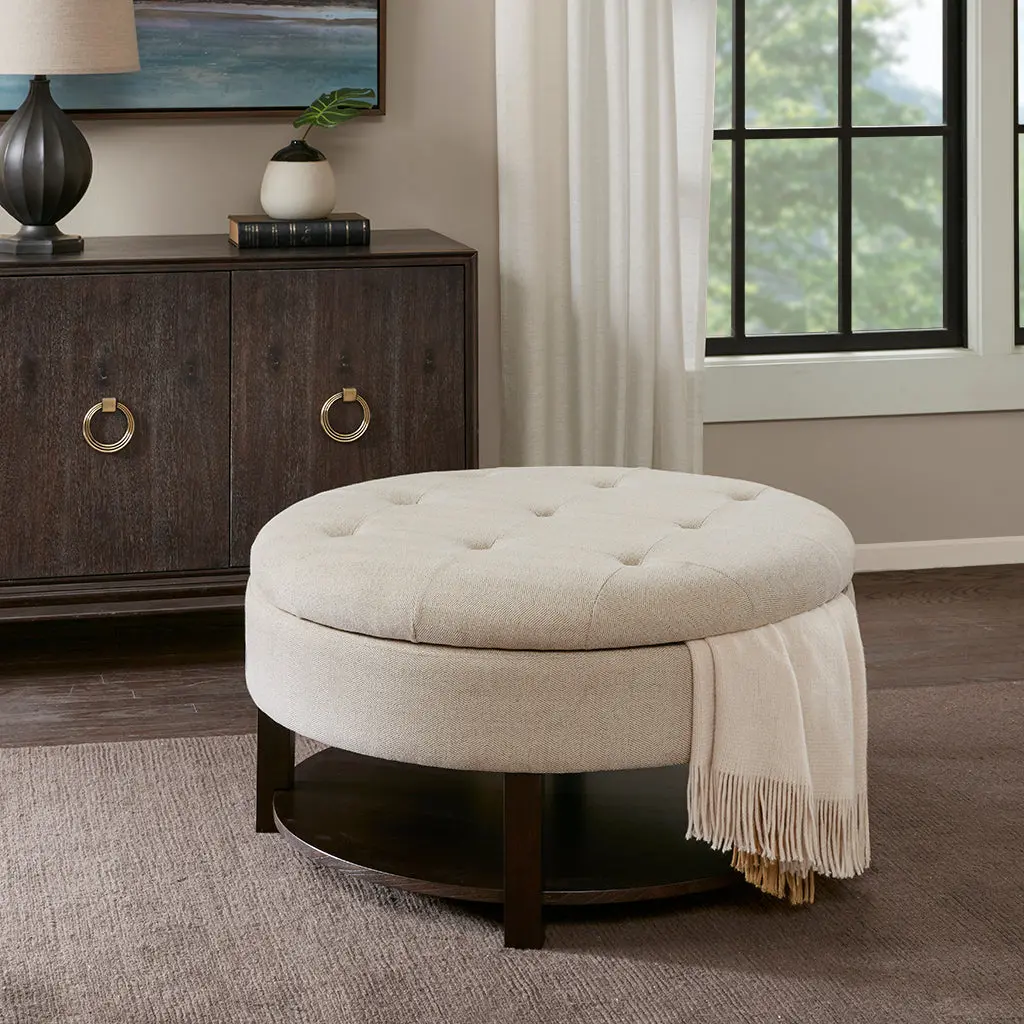 Miller Round Storage Ottoman Cream Brown Polyester jla