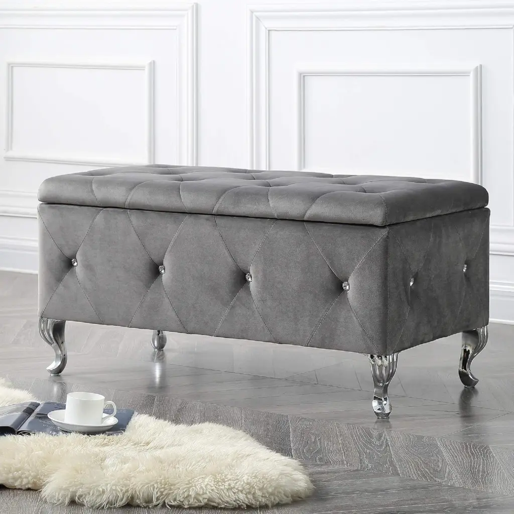 Glam 38 Inches Storage Ottoman Bench Upholstered Tufted Gray Velvet kanepe