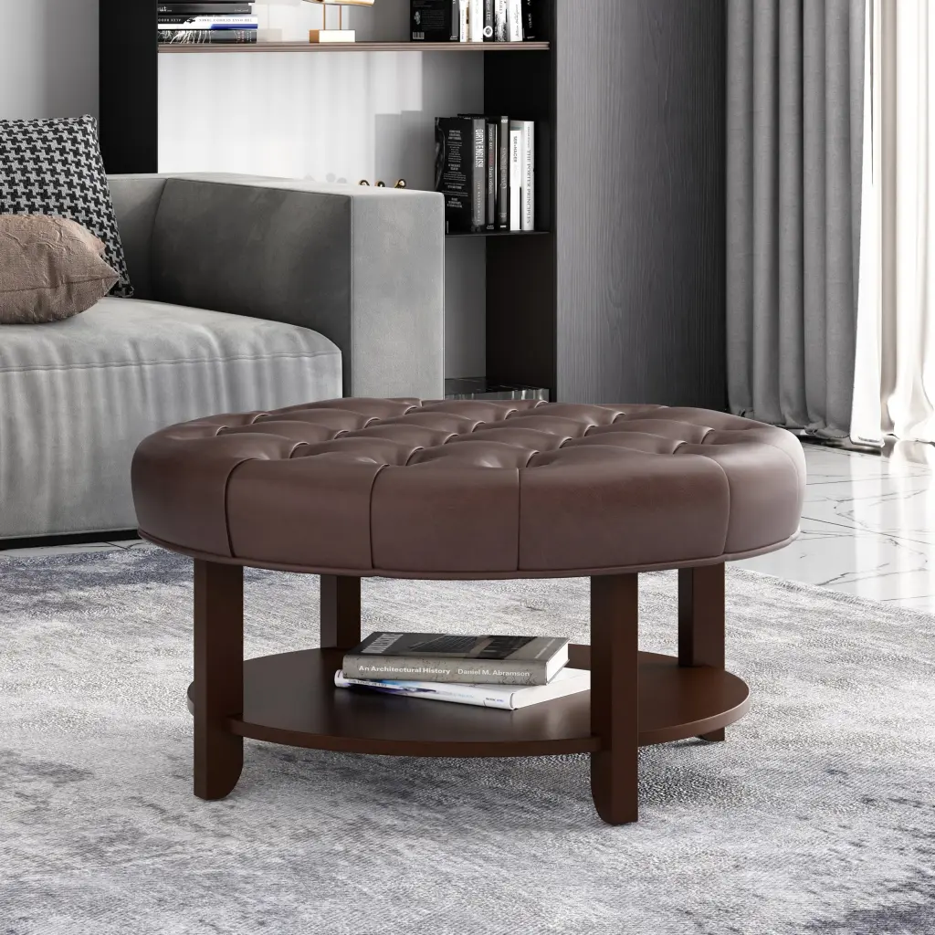 Round Ottoman Dark Brown PU Leather Footrest Storage Stool nh-an