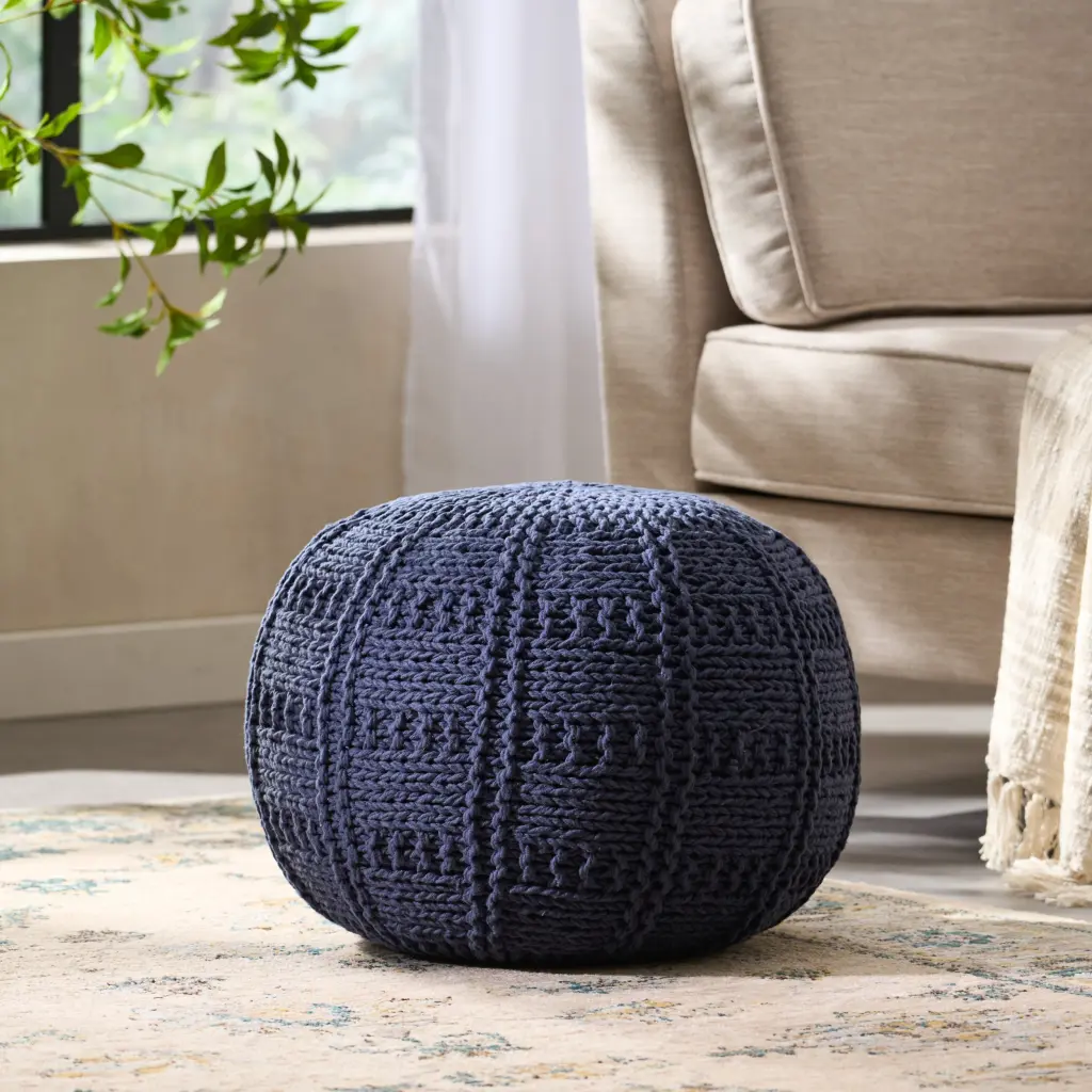 Yuny Knitted Cotton 20 X 20 Round Pouf Navy Cotton Footstool Ottoman nh-inmax