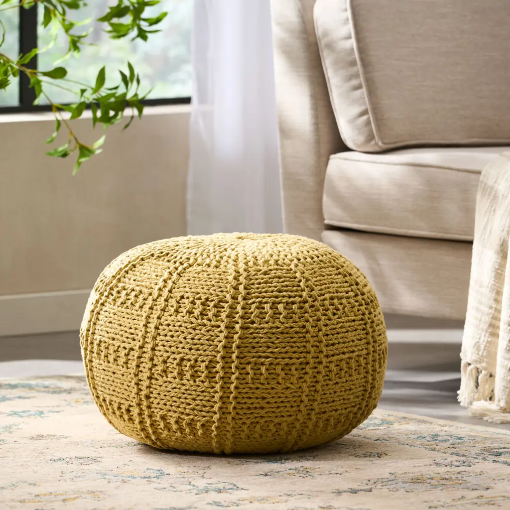 Yuny Knitted Cotton 20 X 20 Round Pouf Yellow Cotton Footstool Ottoman nh-inmax